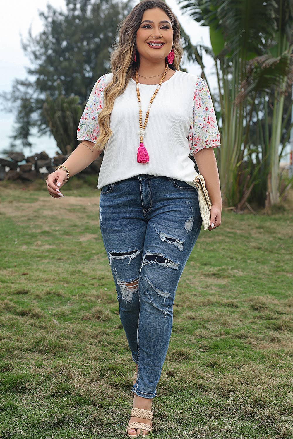 Floral Puff Sleeve Round Neck Ribbed Knit Plus Size Blouse