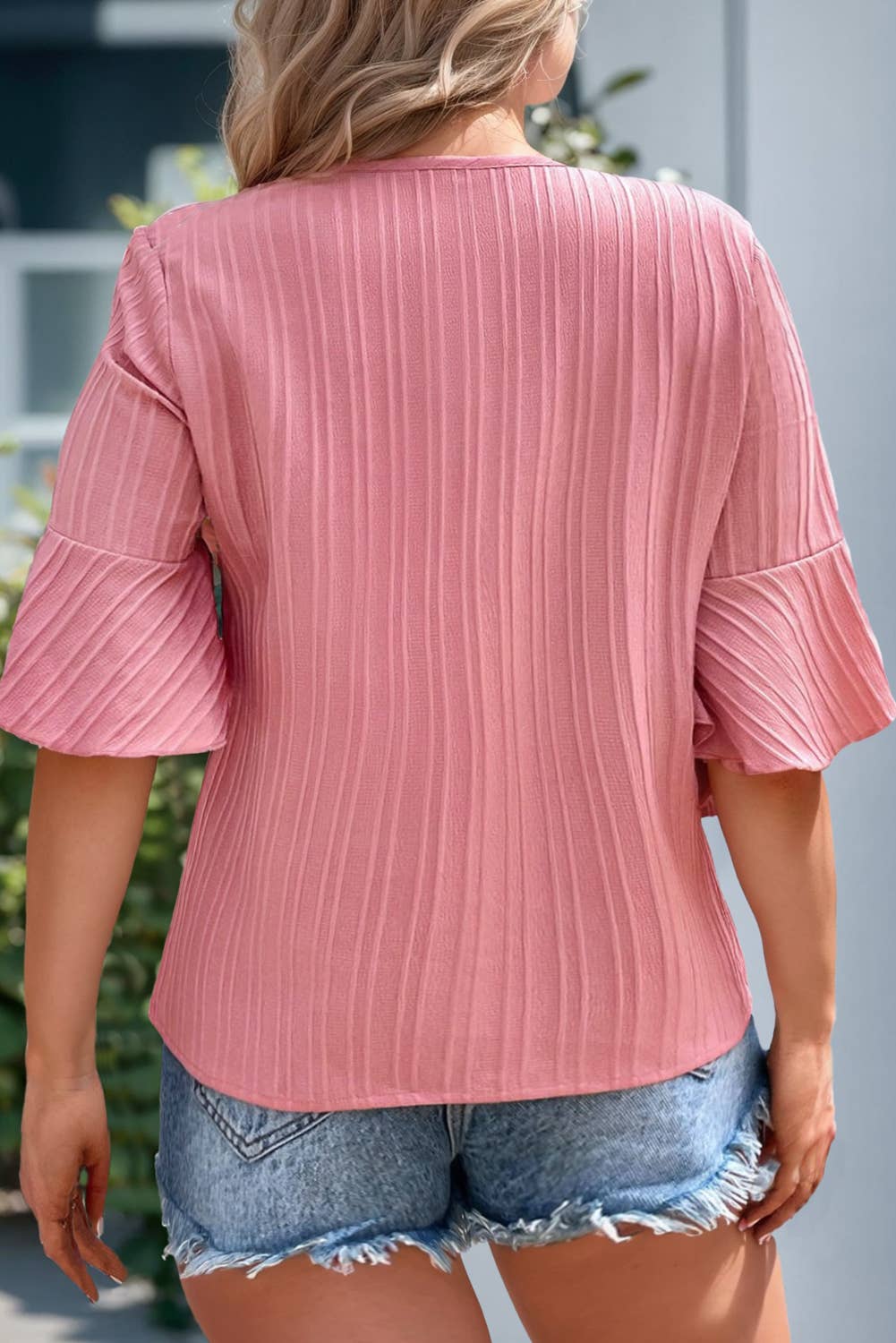 Plus Size Solid Textured V Neck Short Sleeve Blouse