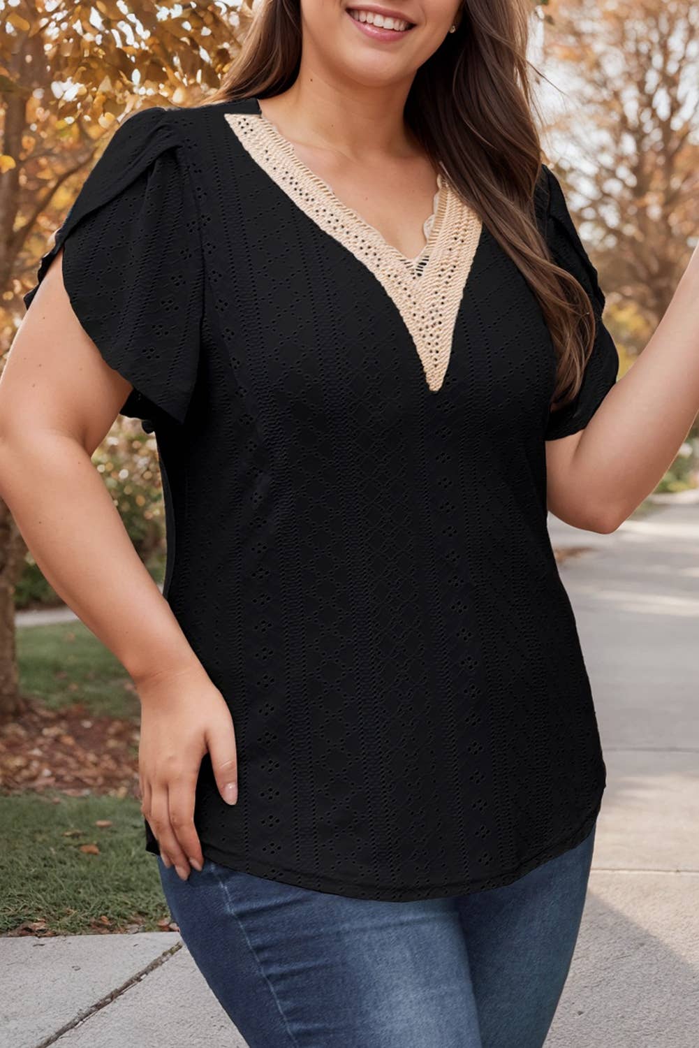 Black Geometric V Neck Plus Size Eyelet Embroidered Top
