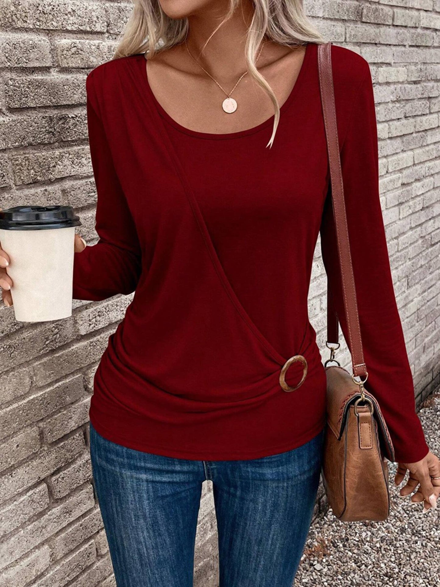 Round Neck Buckle Pleated Waistband Fashion Tops