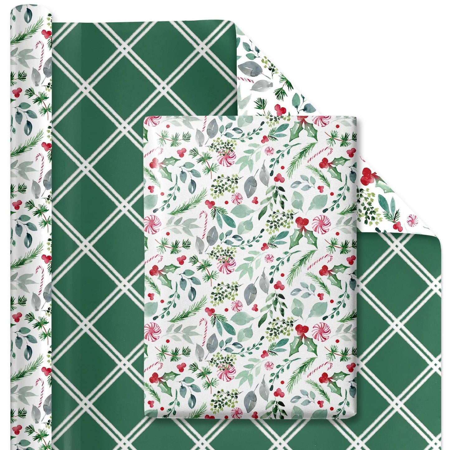 Reversible Holiday Wrapping Paper Watercolor Holly & Lattice