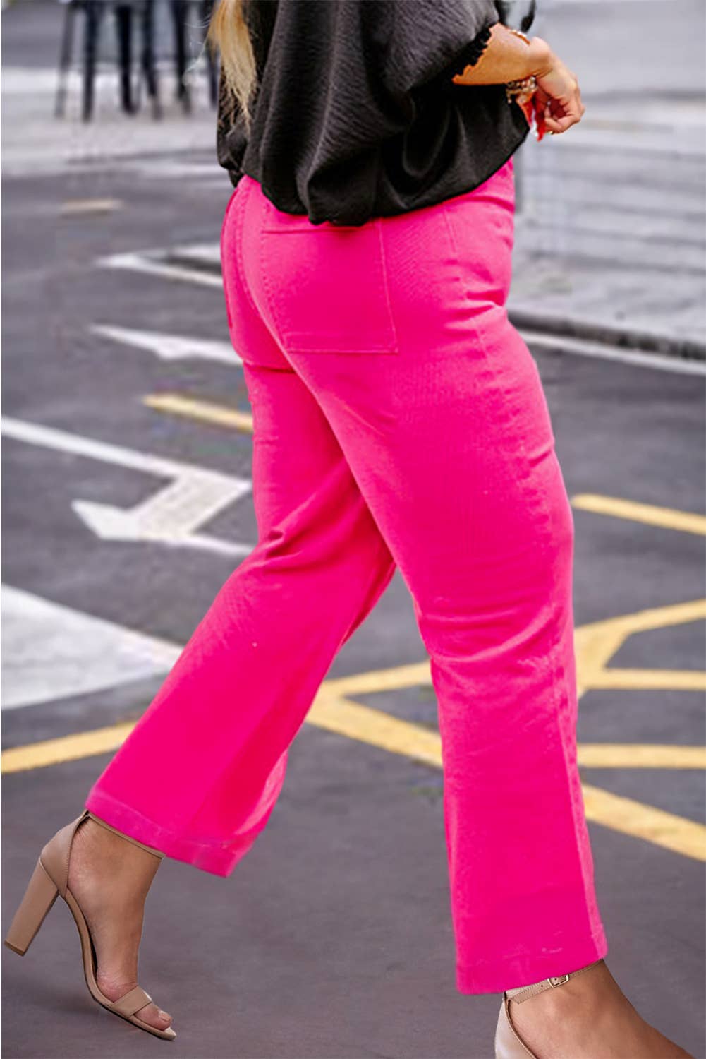 Rose Plus Size Solid Color Raw Hem Wide Leg High Waist Pants