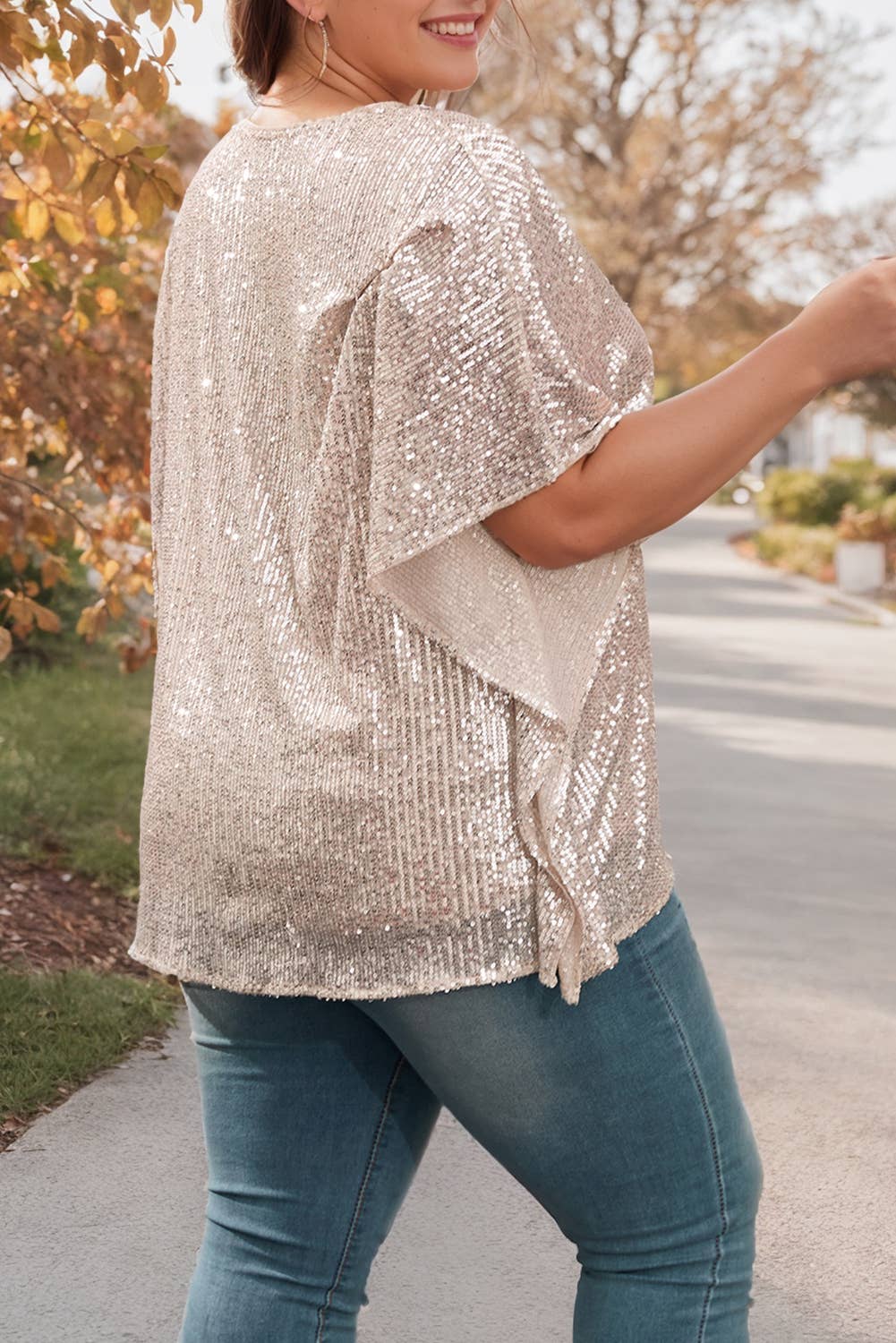 Plus Size Sequined V Neck Short Sleeve Boxy Top