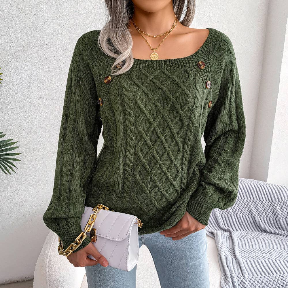 Fall Winter Casual Square Neck Button Detail Cable Knit Swea