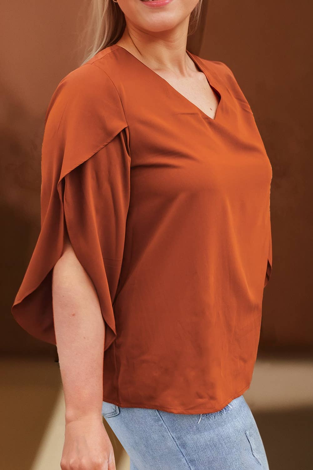 Plus Size Solid Wrapped Ruffled Sleeve V Neck Blouse