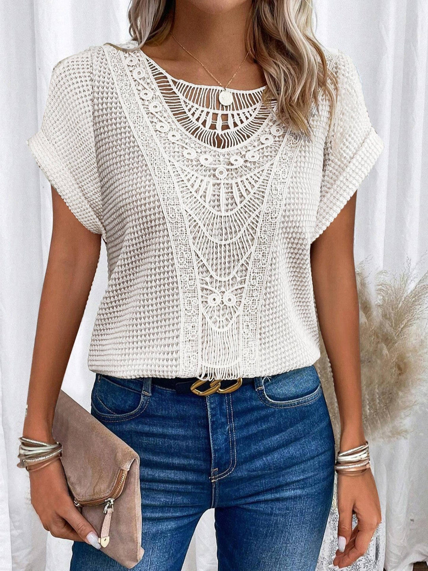 Lace Patchwork Short Sleeved Top