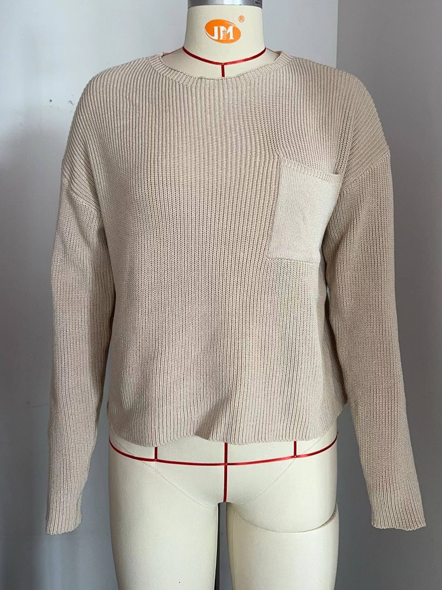 Round Neck Pocket Long Sleeved Sweater