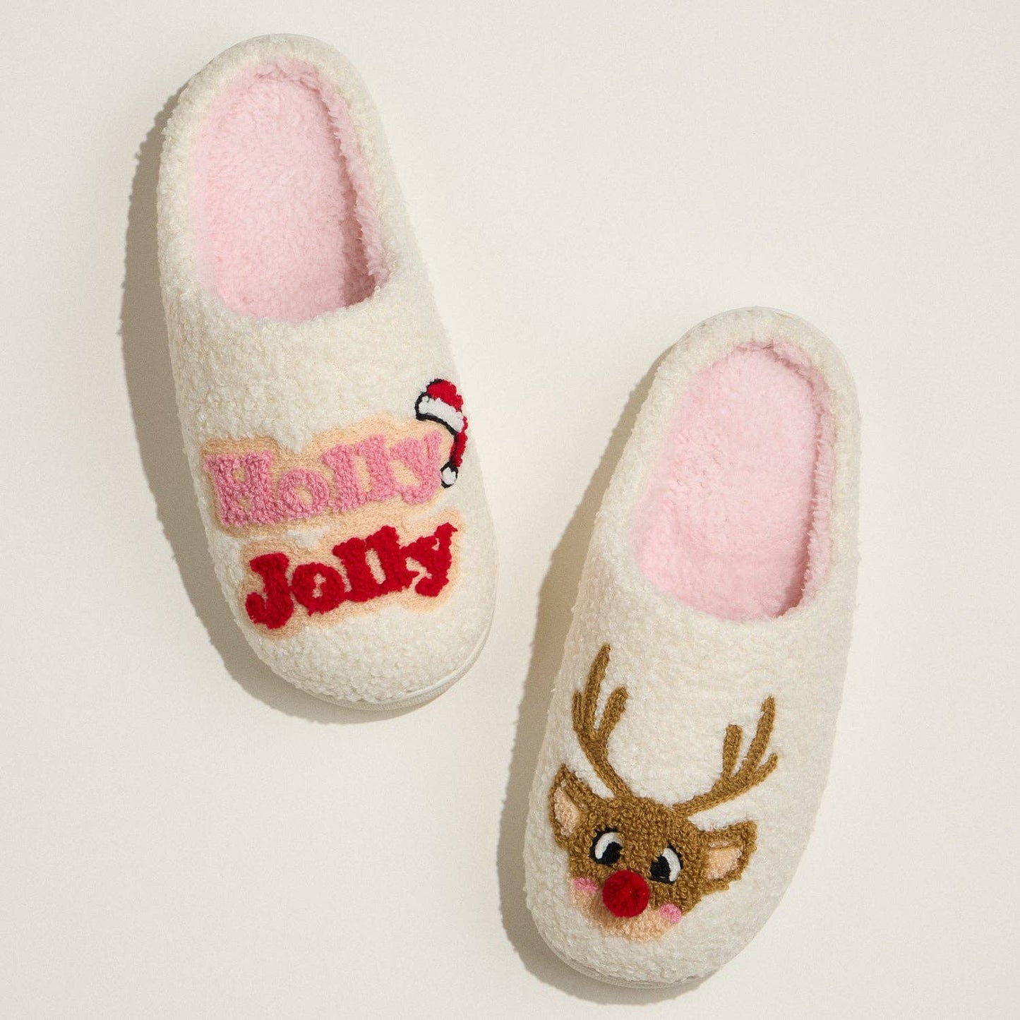 Festive Reindeer Slippers with Holly Embroidery for Christmas Gift