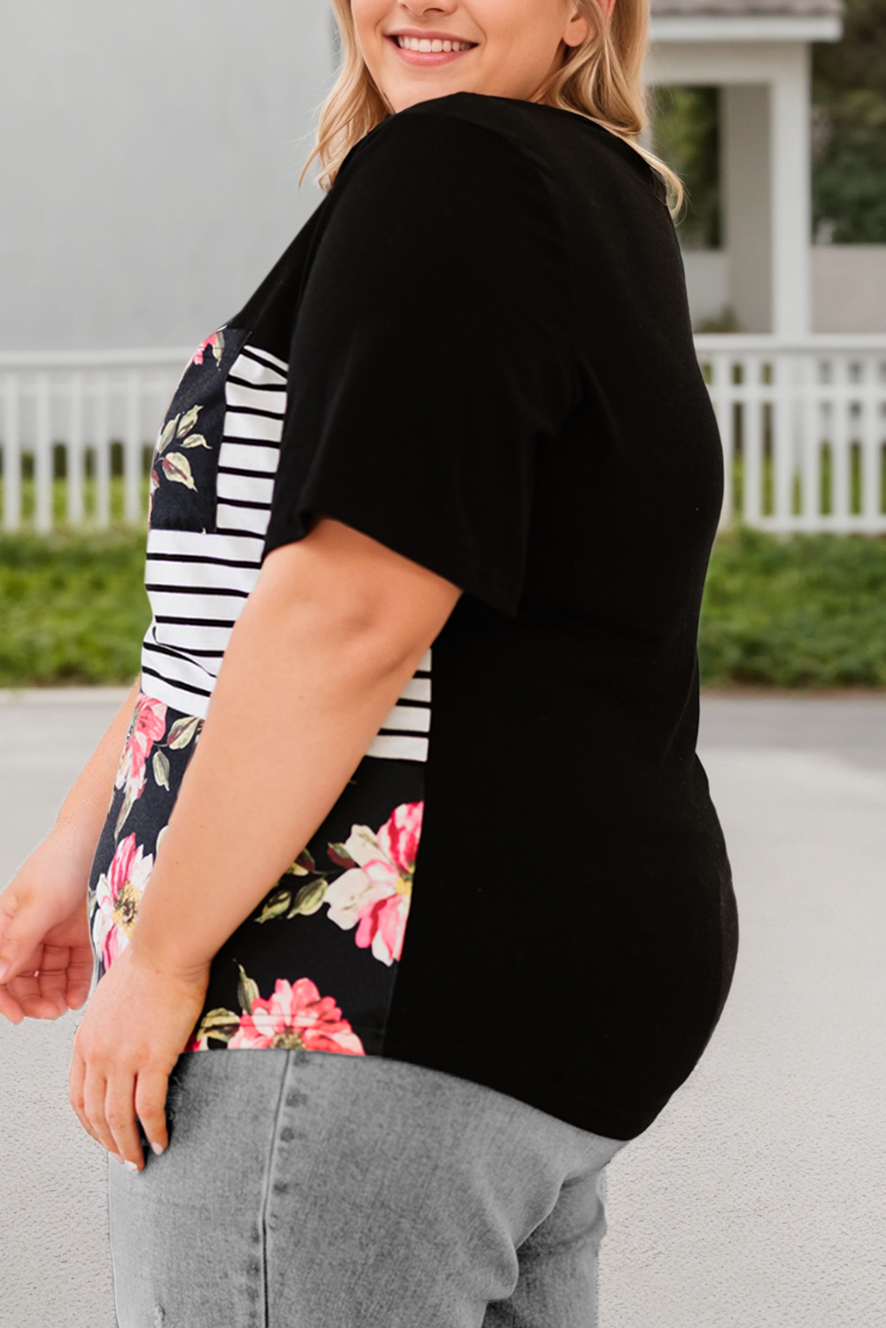 Plus Size Stripe Floral Round Neck Short Sleeve Top