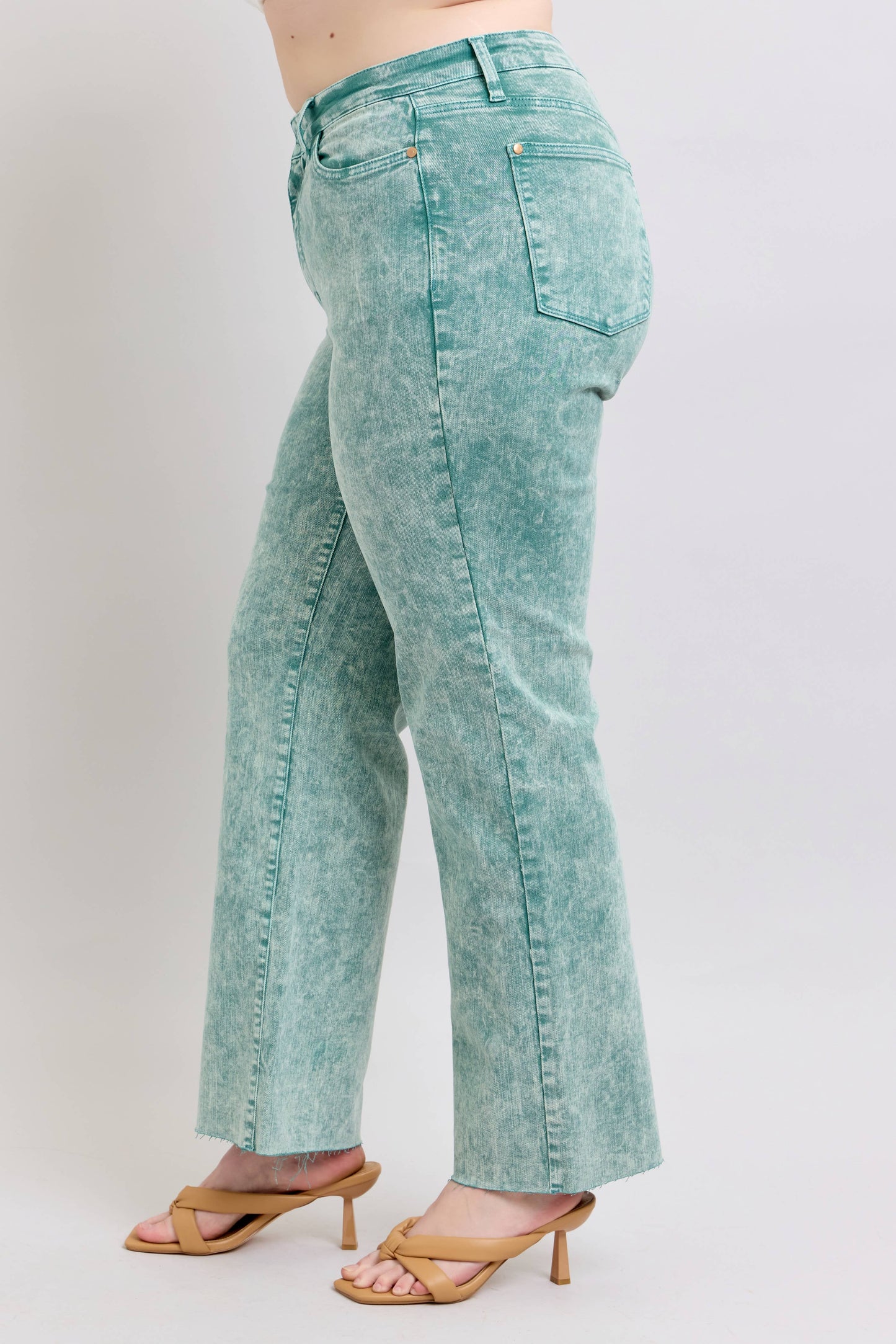 Sea Green High Waisted Raw Hem Dad Jean - PLUS