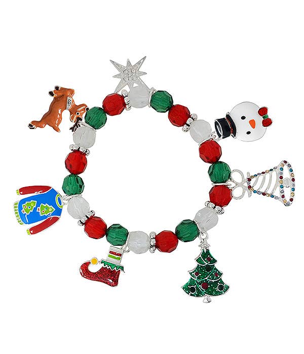 ( M509 ) CHRISTMAS CHARM STRETCH BRACELET - TREE SNOWMAN