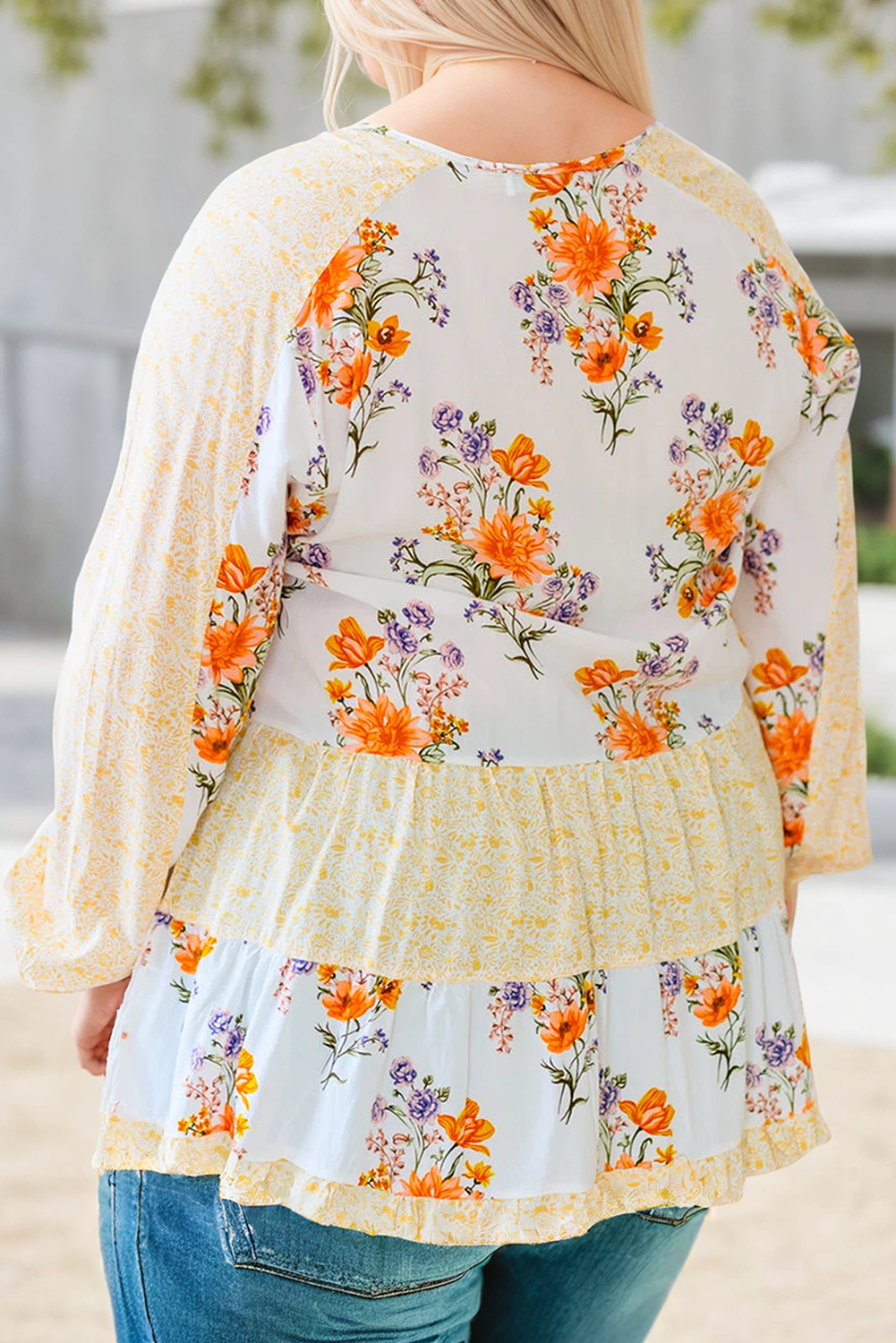 Plus Size Floral Print V Neck Puff Sleeve Blouse