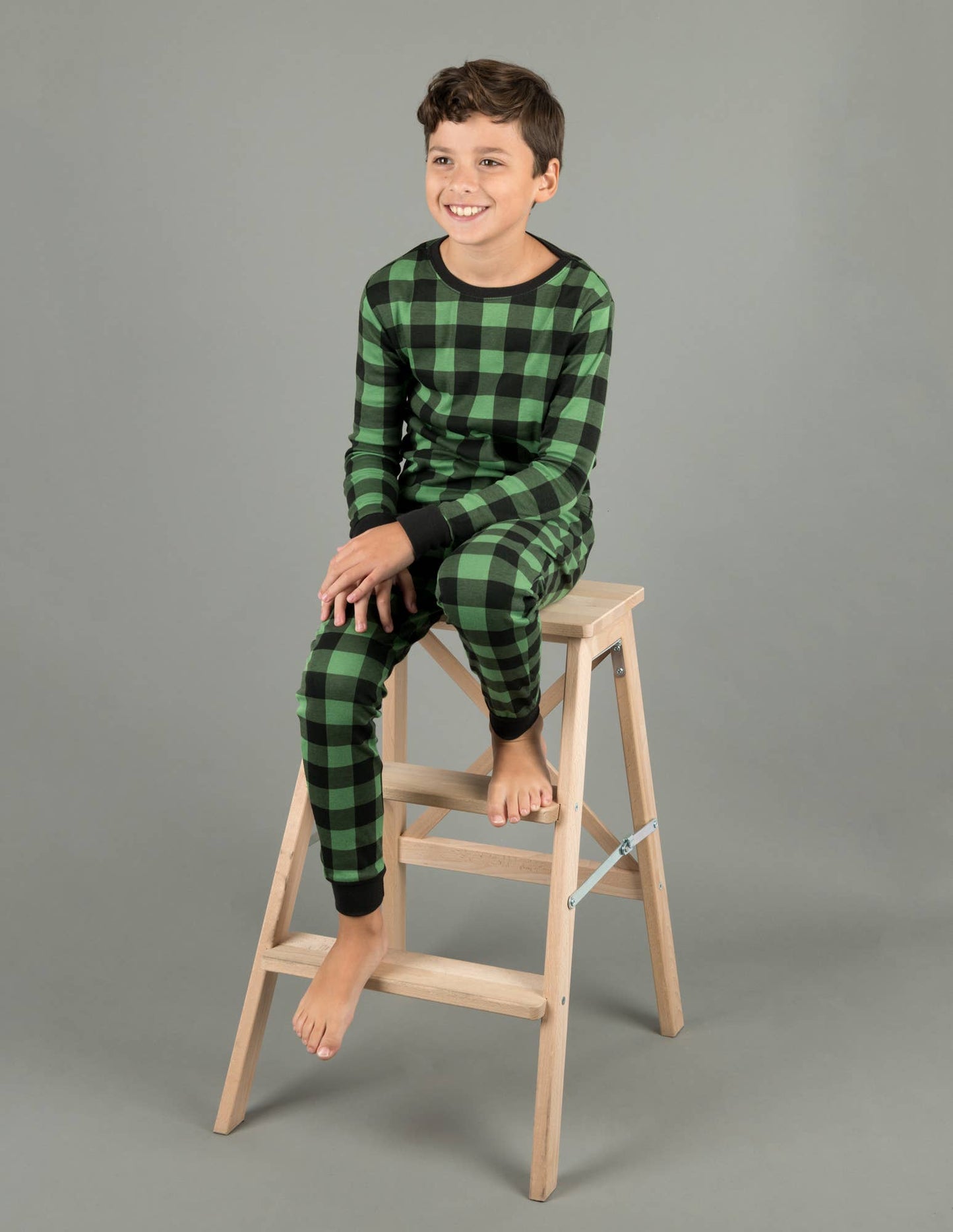 Kids Two Piece Cotton Pajamas Black & Green Plaid