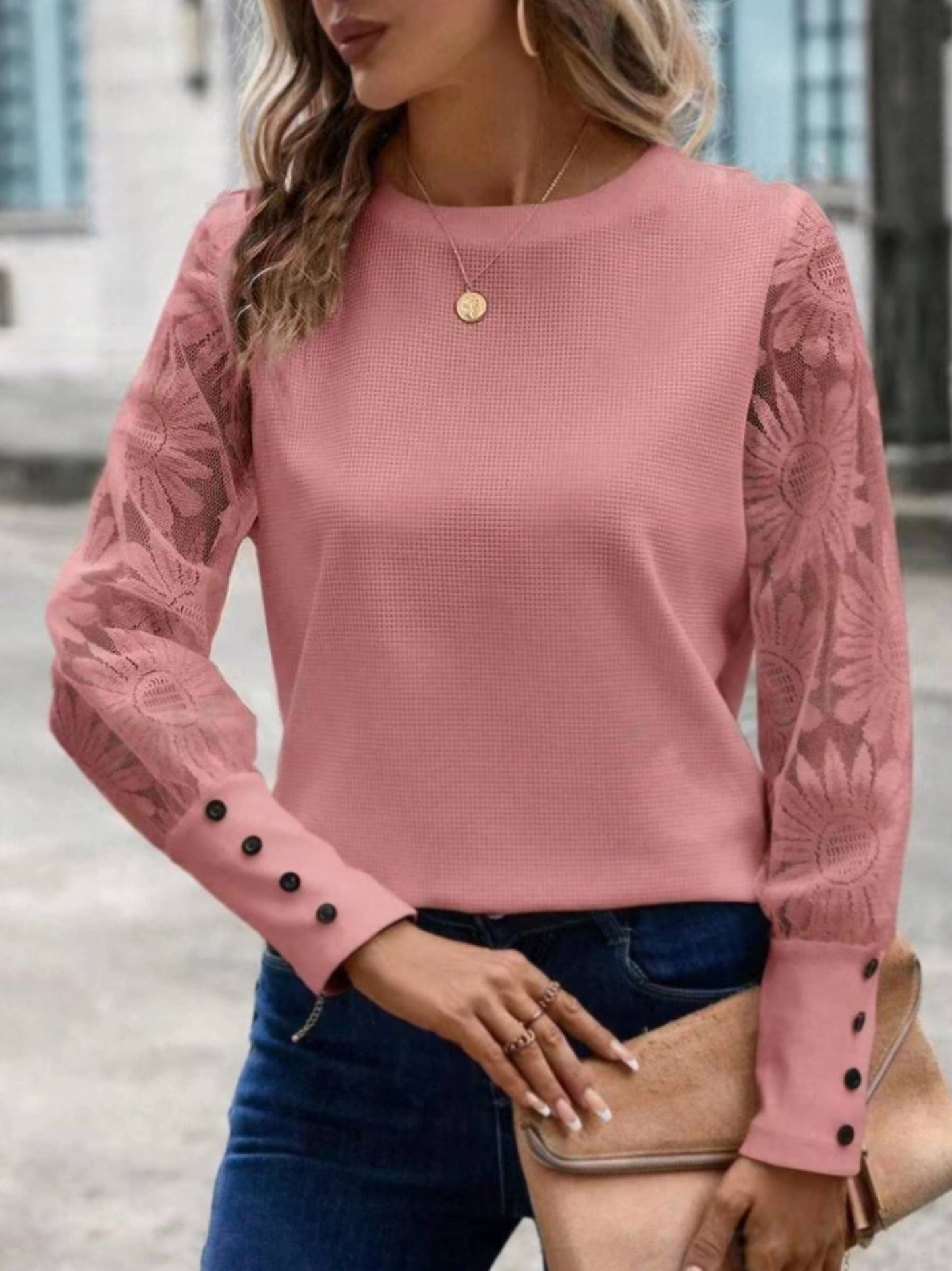 Waffle Button Patchwork Lace Top