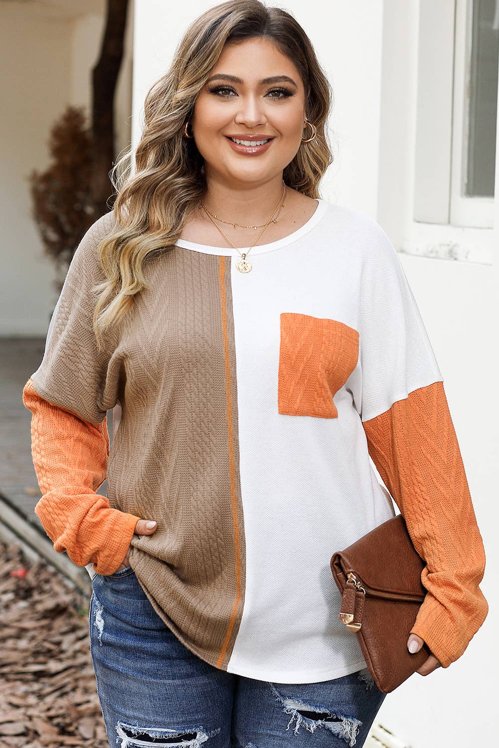 Orange Colorblock Chest Pocket Textured Knit Top(S-XL)