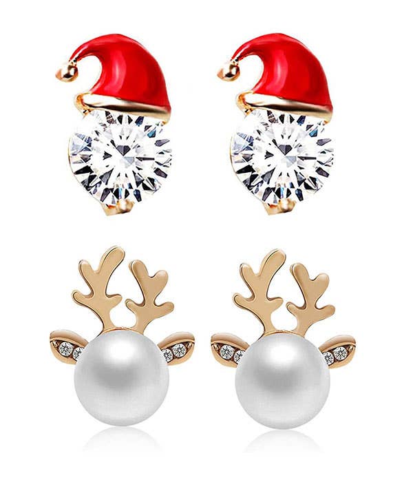 CHRISTMAS THEME EARRING SET - 2 PAIR DEER & SANTA