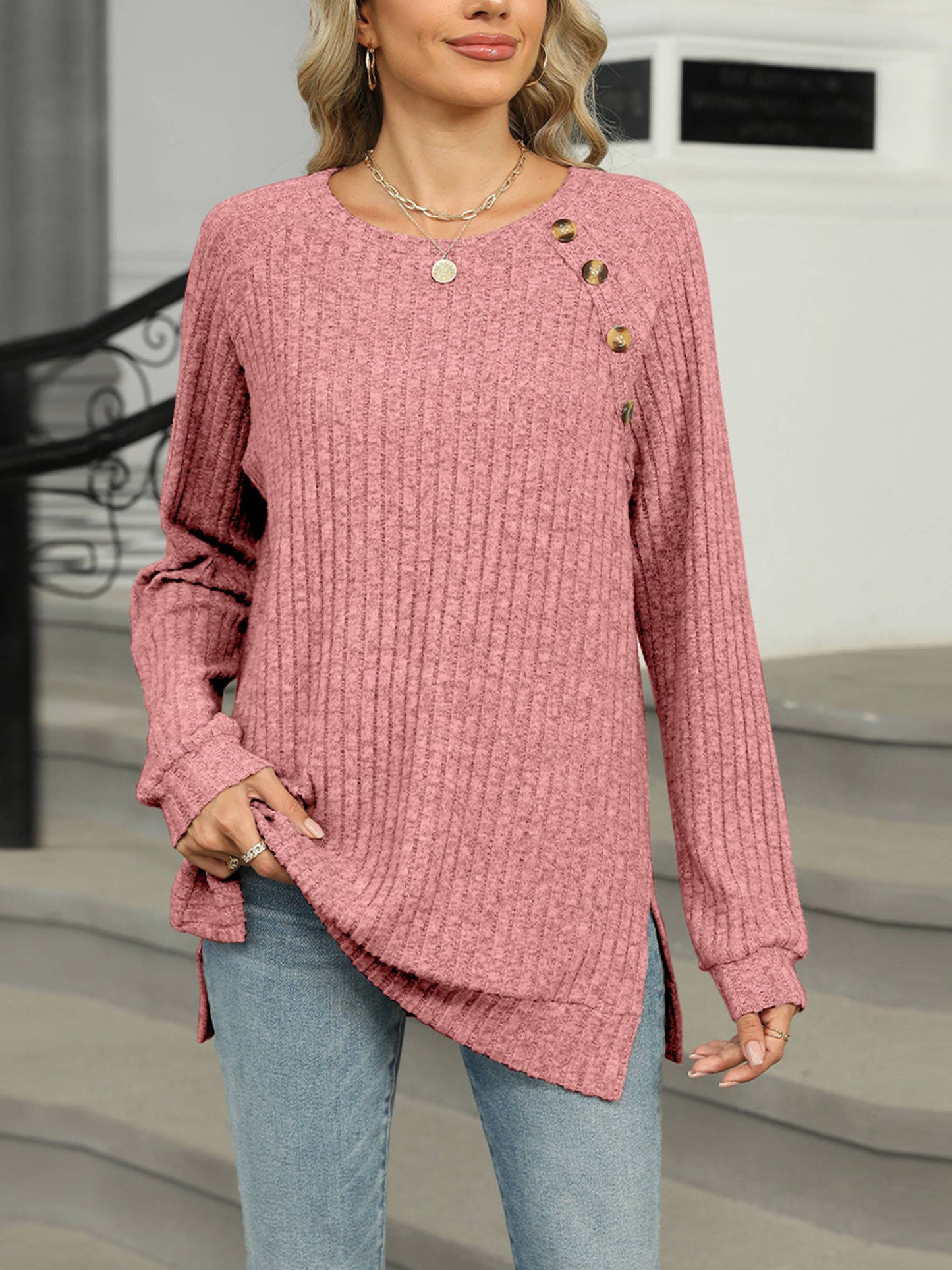 Round Neck Solid Color Split Top