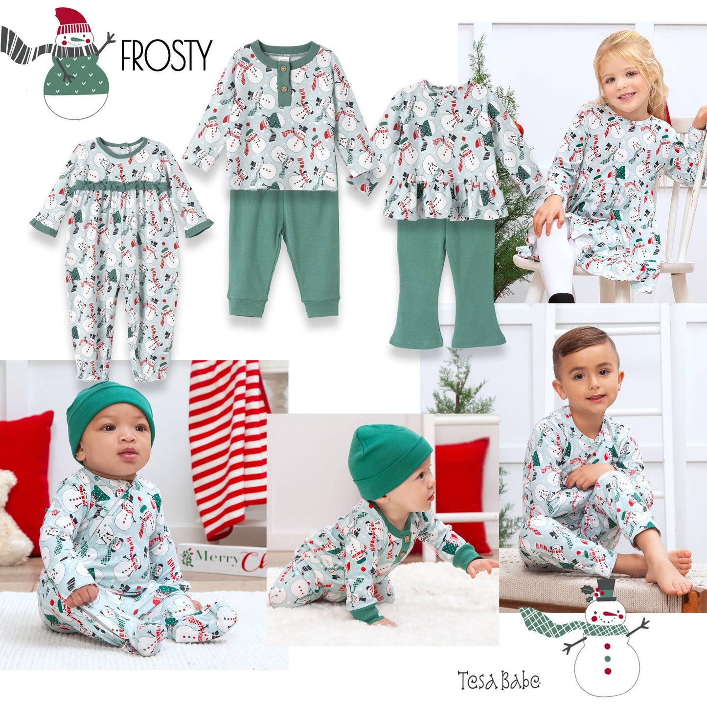 Christmas Snowmen Baby Boy's Bamboo Henley Top & Pants