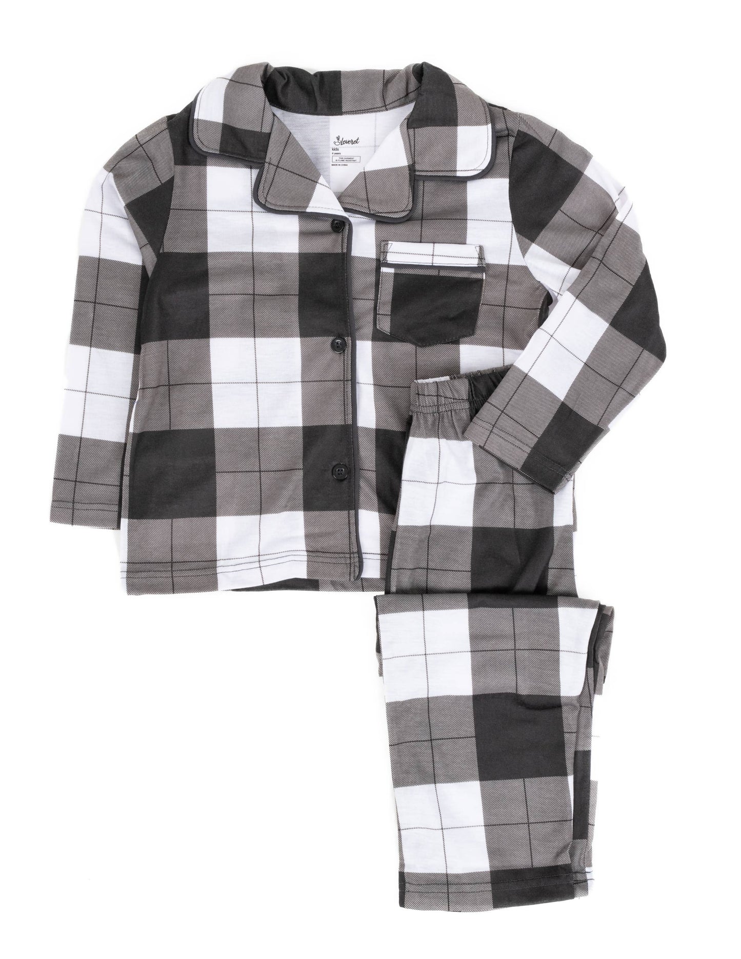 Kids Two Piece Flannel Pajamas Black & White Plaid