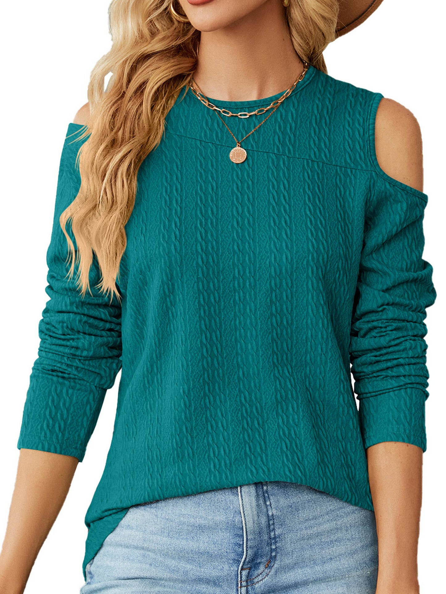 Round Neck Off Shoulder Loose Fitting Long Sleeved Tops