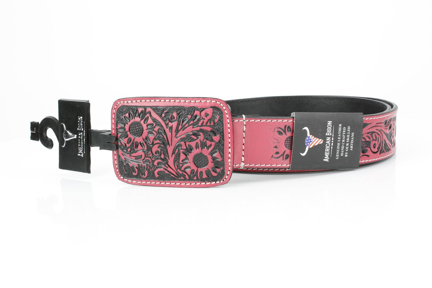 Western Tooled Leather Belt in Black and Pink ABB 38 1013