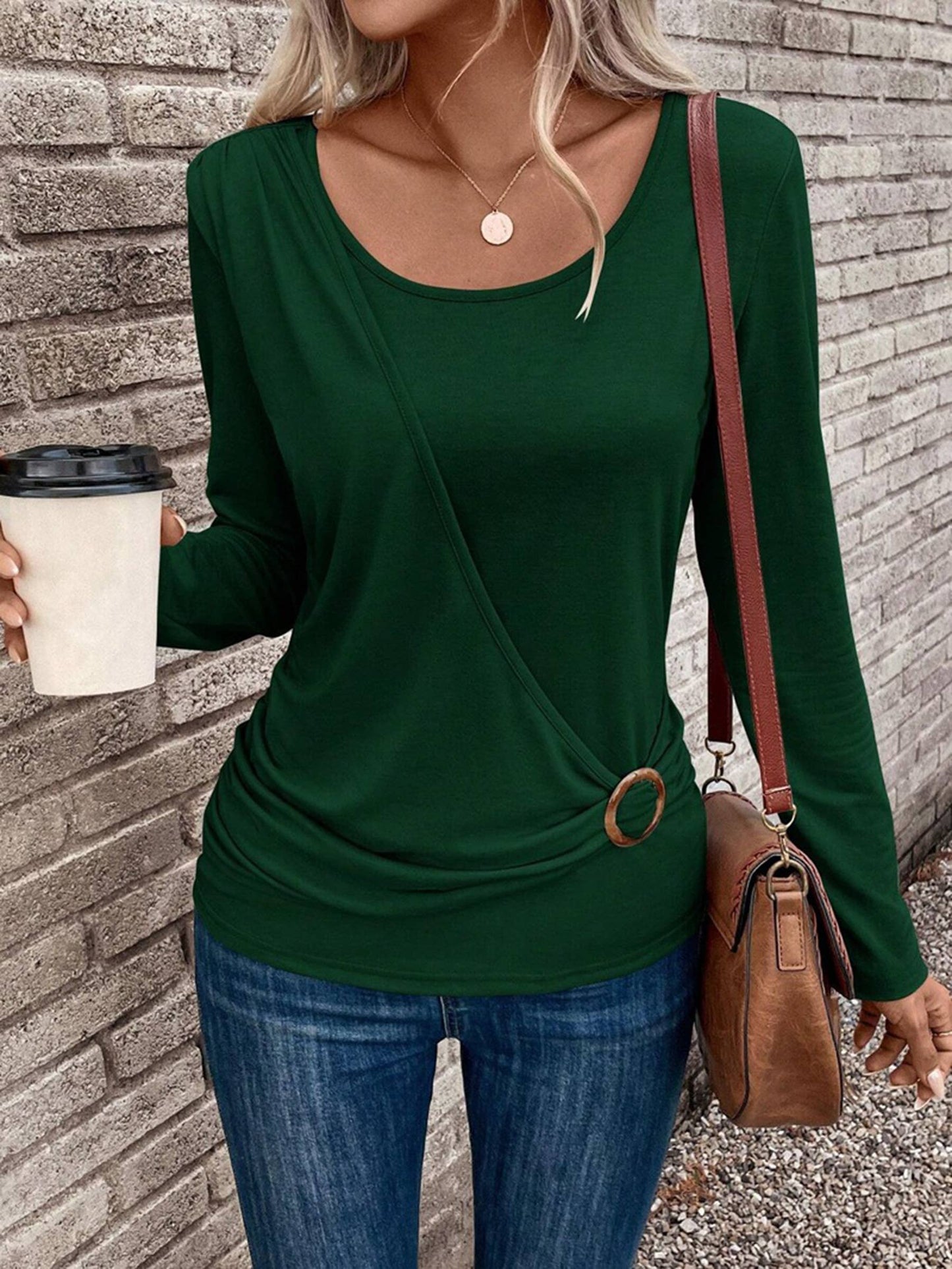 Round Neck Buckle Pleated Waistband Fashion Tops
