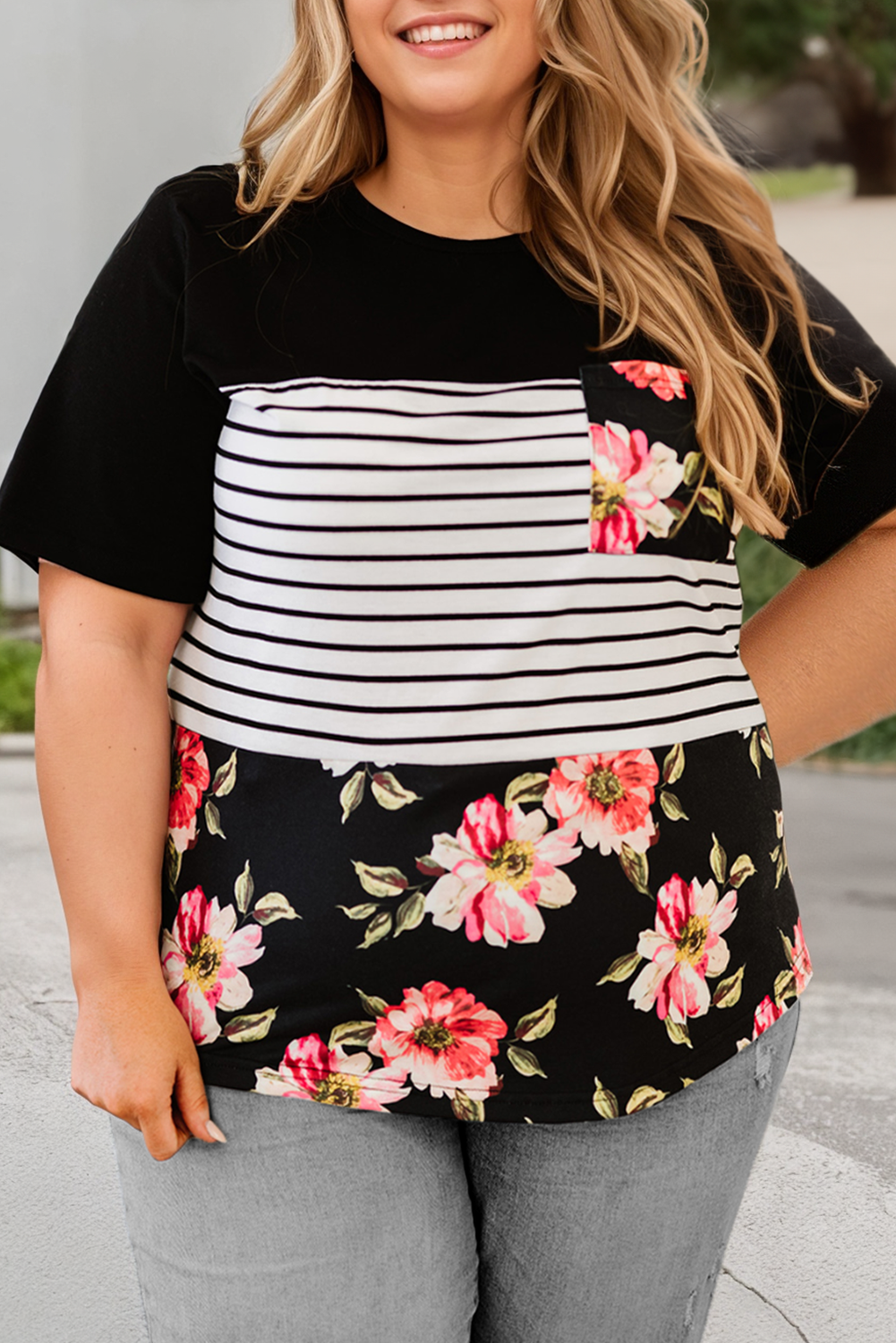 Plus Size Stripe Floral Round Neck Short Sleeve Top