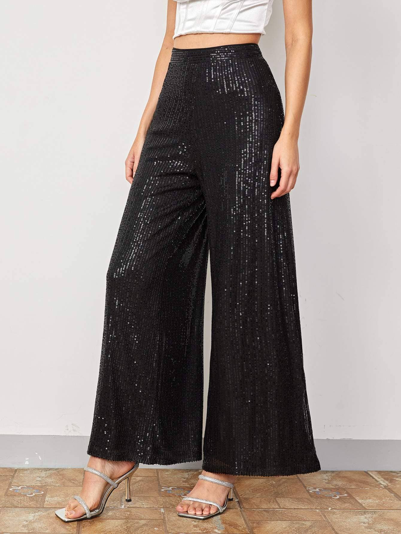 High waist sequin wide leg pants
