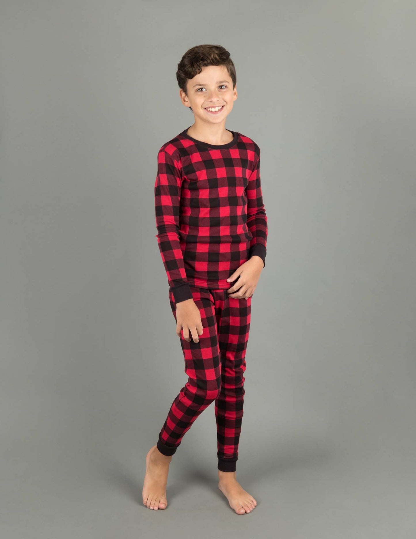 Kids Two Piece Cotton Pajamas Black & Red Plaid