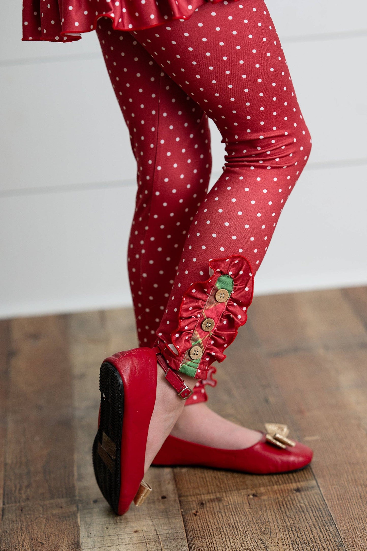 Kids Holiday Plaid & Polka Dot Pocket Ruffle Button Pant Set