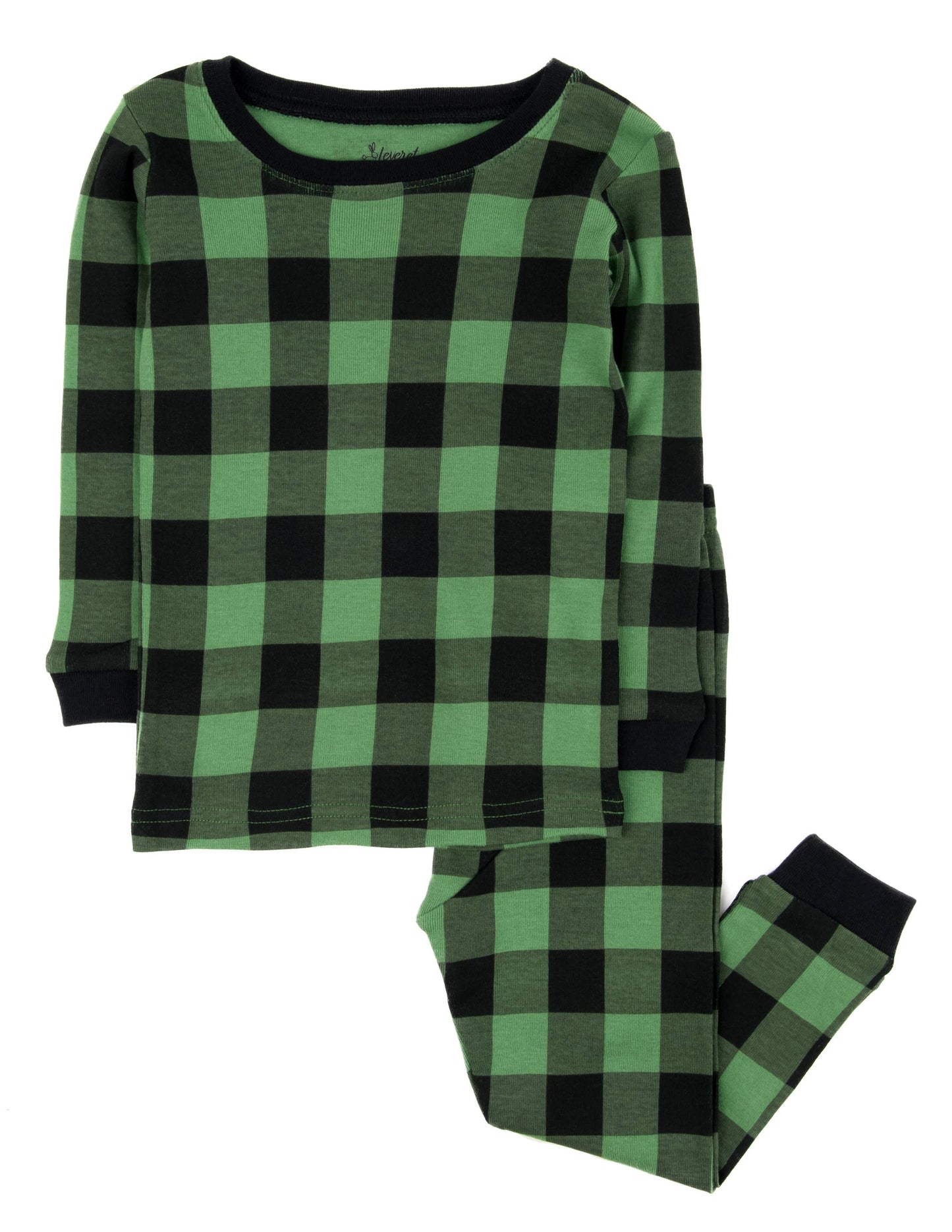 Kids Two Piece Cotton Pajamas Black & Green Plaid