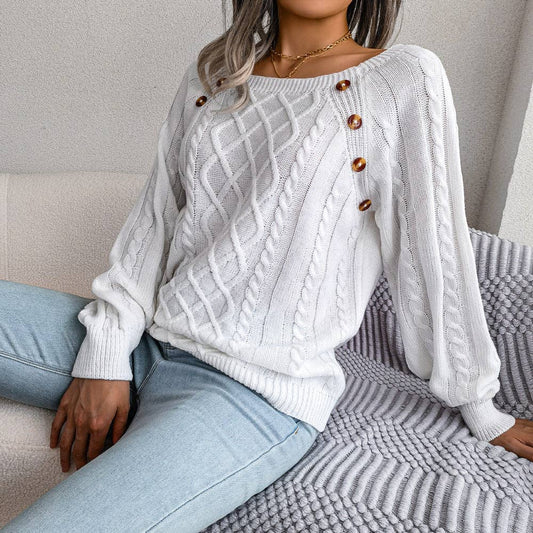 Fall Winter Casual Square Neck Button Detail Cable Knit Swea
