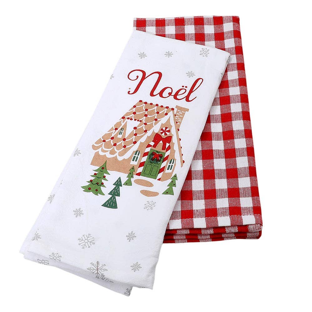 2PCS - NOEL Holiday Gingerbread House Gingham Kitchen Towel Set