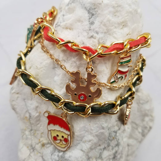 Christmas Layered Chain Bracelet Santa Snowman Tree
