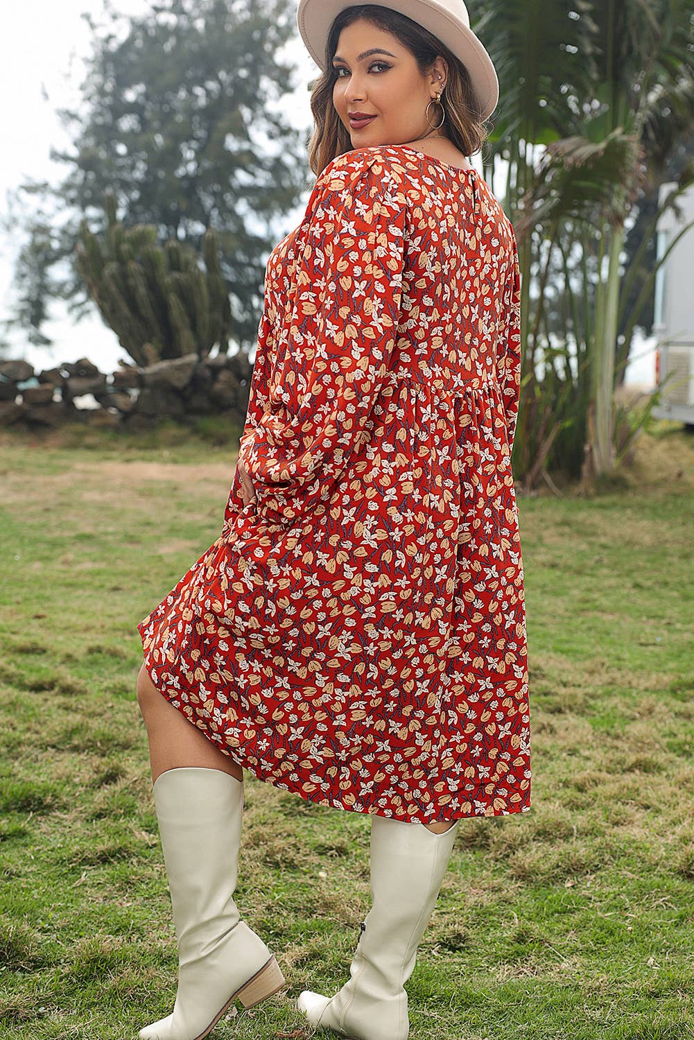 Gold Flame Ploral Print Plus Size Midi Dress