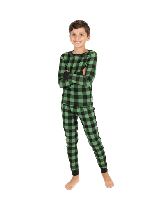 Kids Two Piece Cotton Pajamas Black & Green Plaid