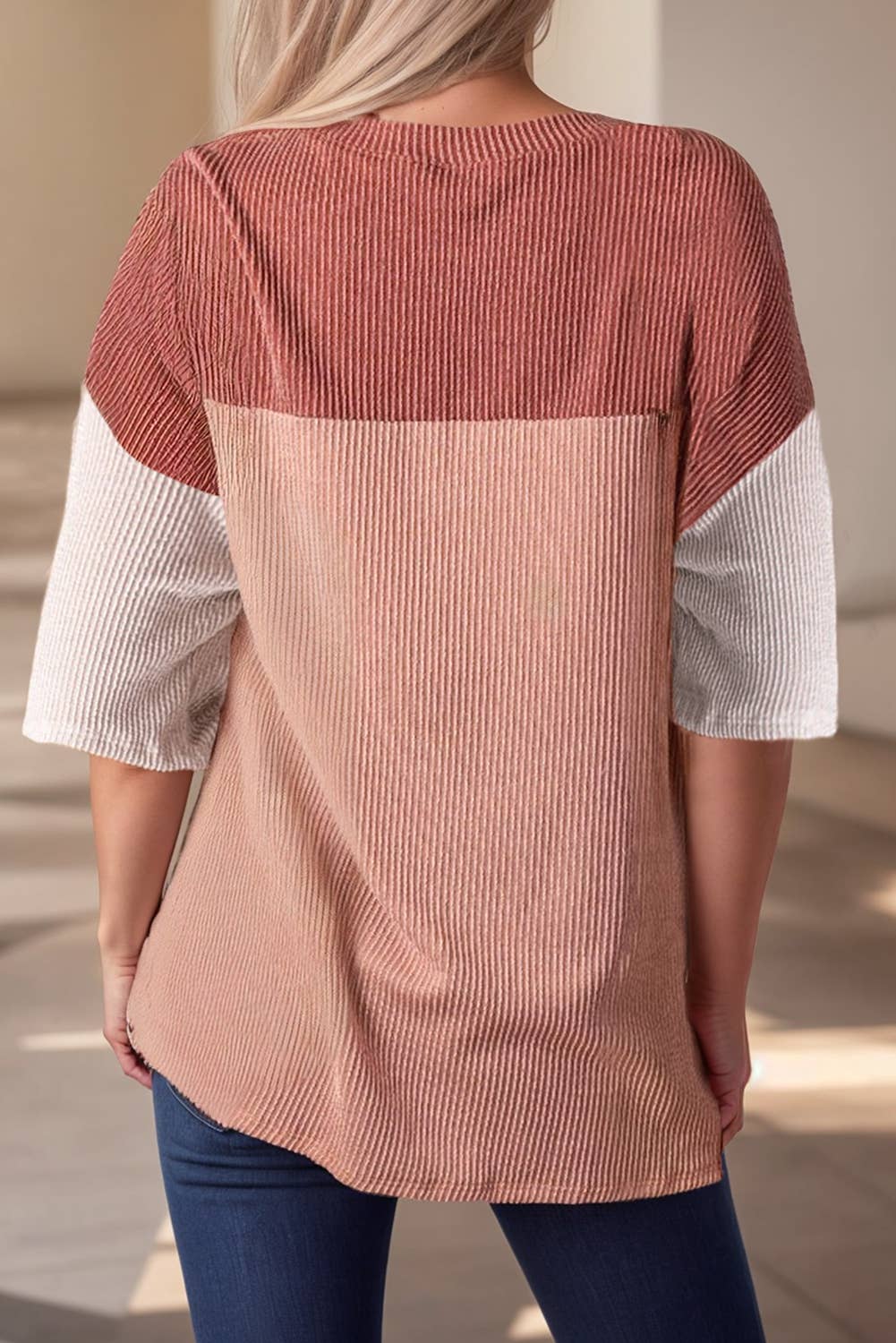 Rose Pink Plus Size Ribbed Colorblock T-shirt