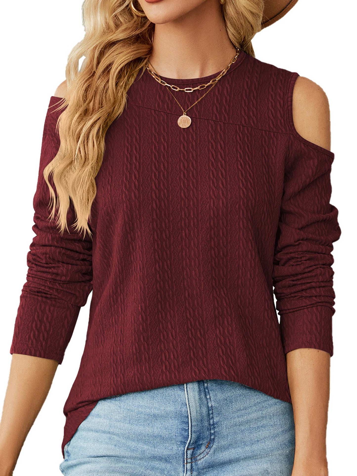Round Neck Off Shoulder Loose Fitting Long Sleeved Tops