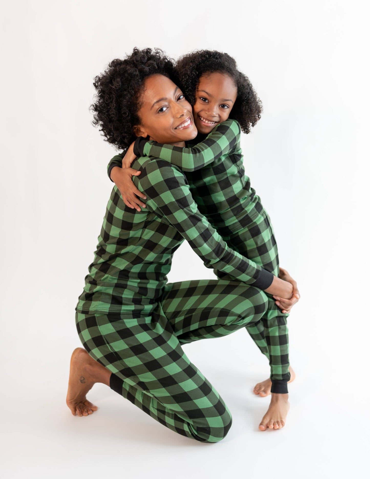 Kids Two Piece Cotton Pajamas Black & Green Plaid