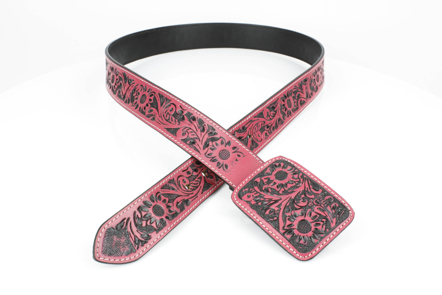 Western Tooled Leather Belt in Black and Pink ABB 38 1013