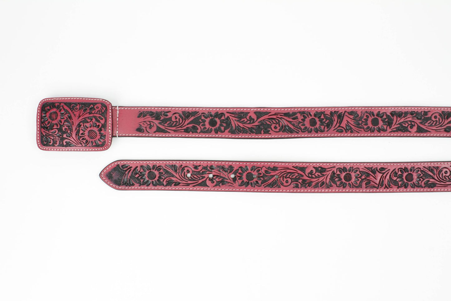 Western Tooled Leather Belt in Black and Pink ABB 38 1013