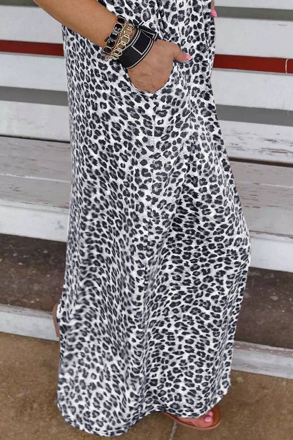 Leopard Patchwork Ribbed Maxi Dress with Pockets