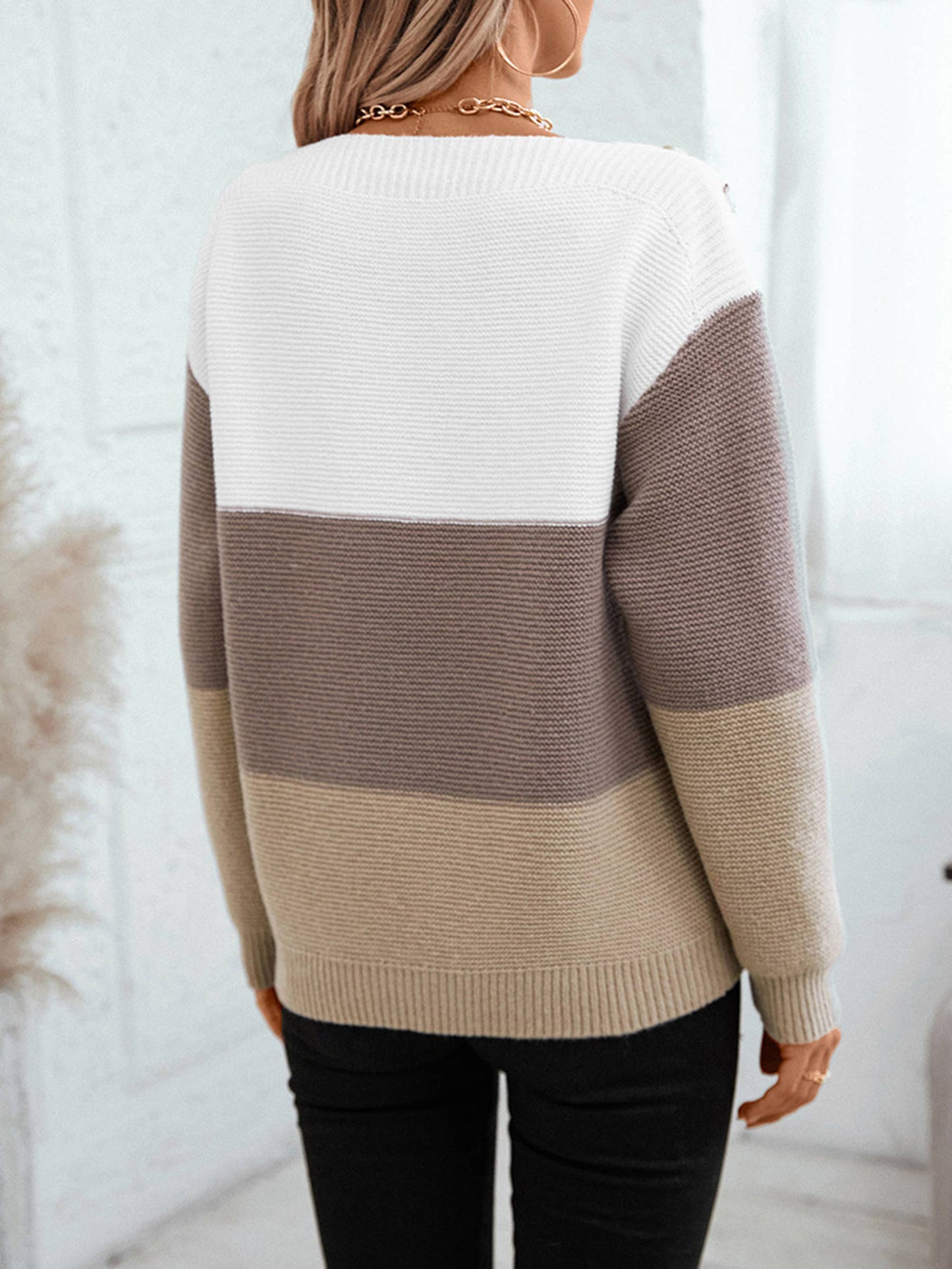 Loose Button Patchwork Contrasting Sweater