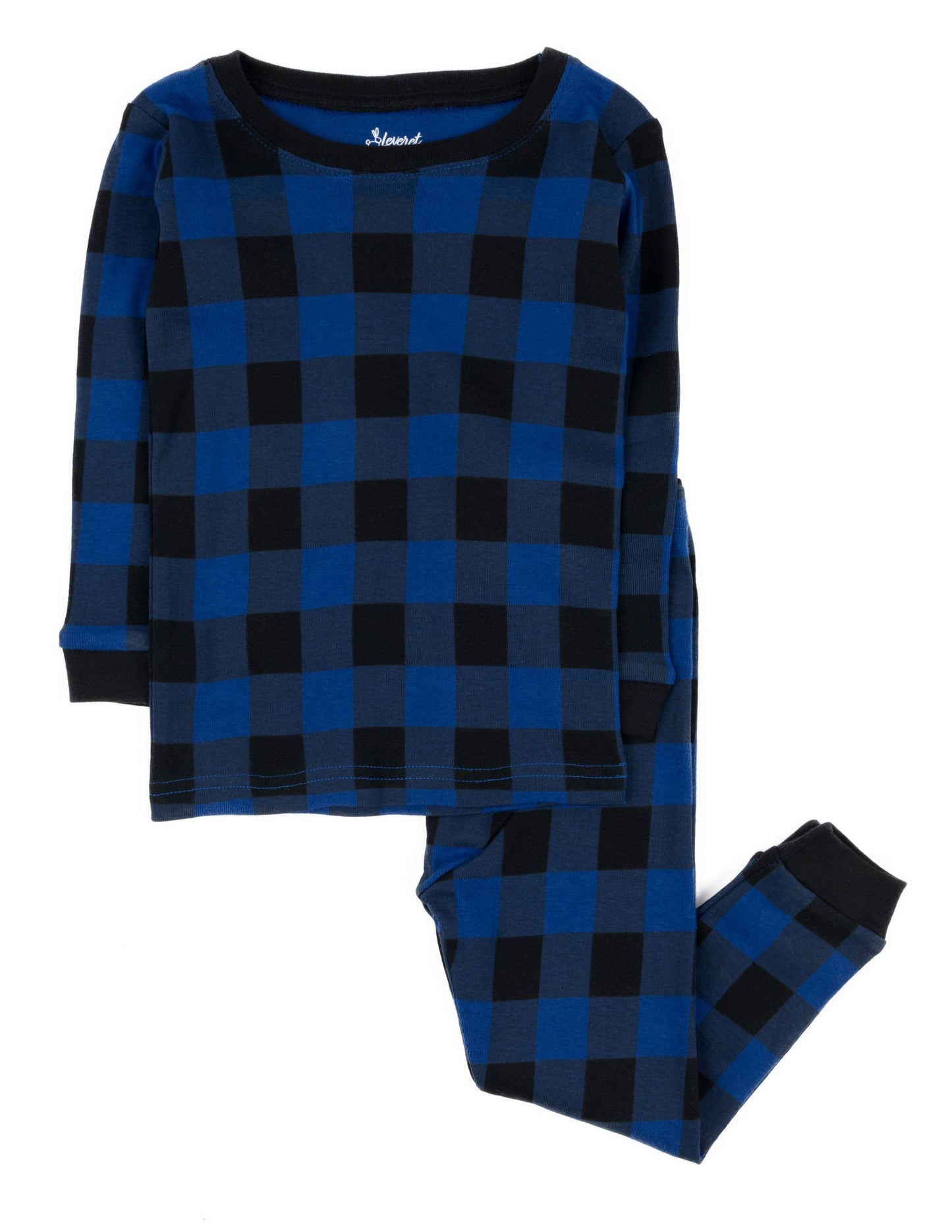 Kids Two Piece Cotton Pajamas Black & Navy Plaid
