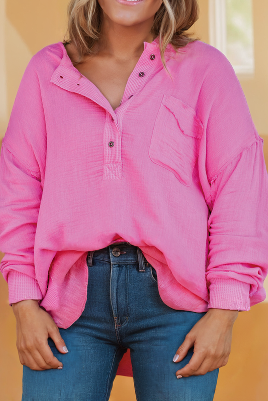Half Button Pocket Long Plus Size V Neck Top