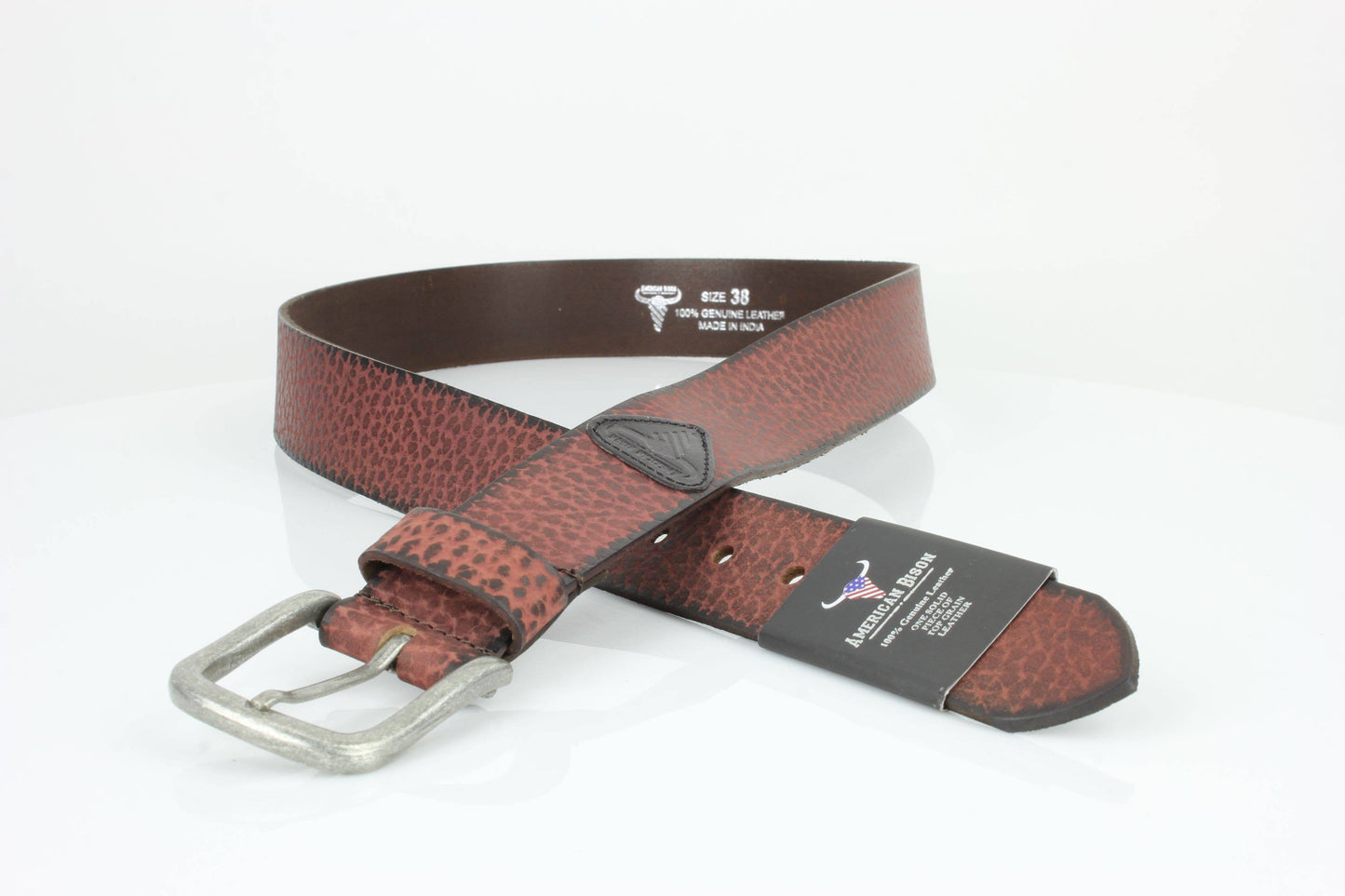 Distressed Grain Leather Belt with Embossed Patch ABB 023