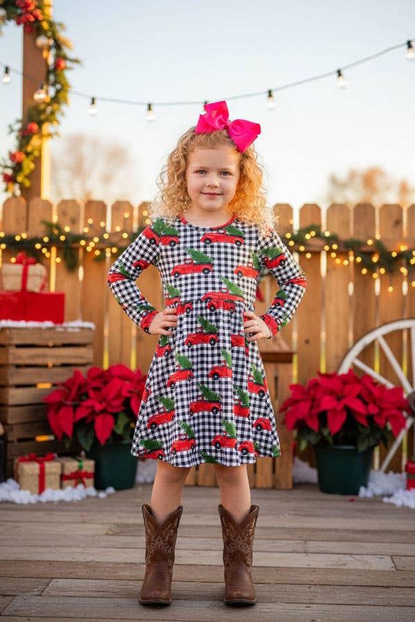 Red truck&tree black/white plaid sleeve dress XCH0017-8H