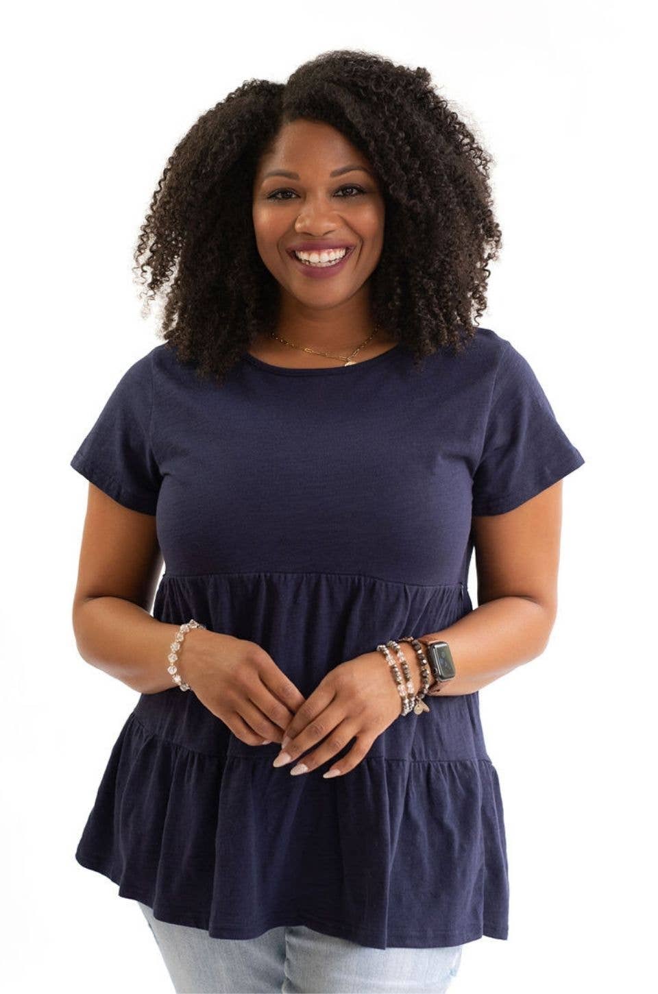 Cotton Nursing Top - Ruffle Navy