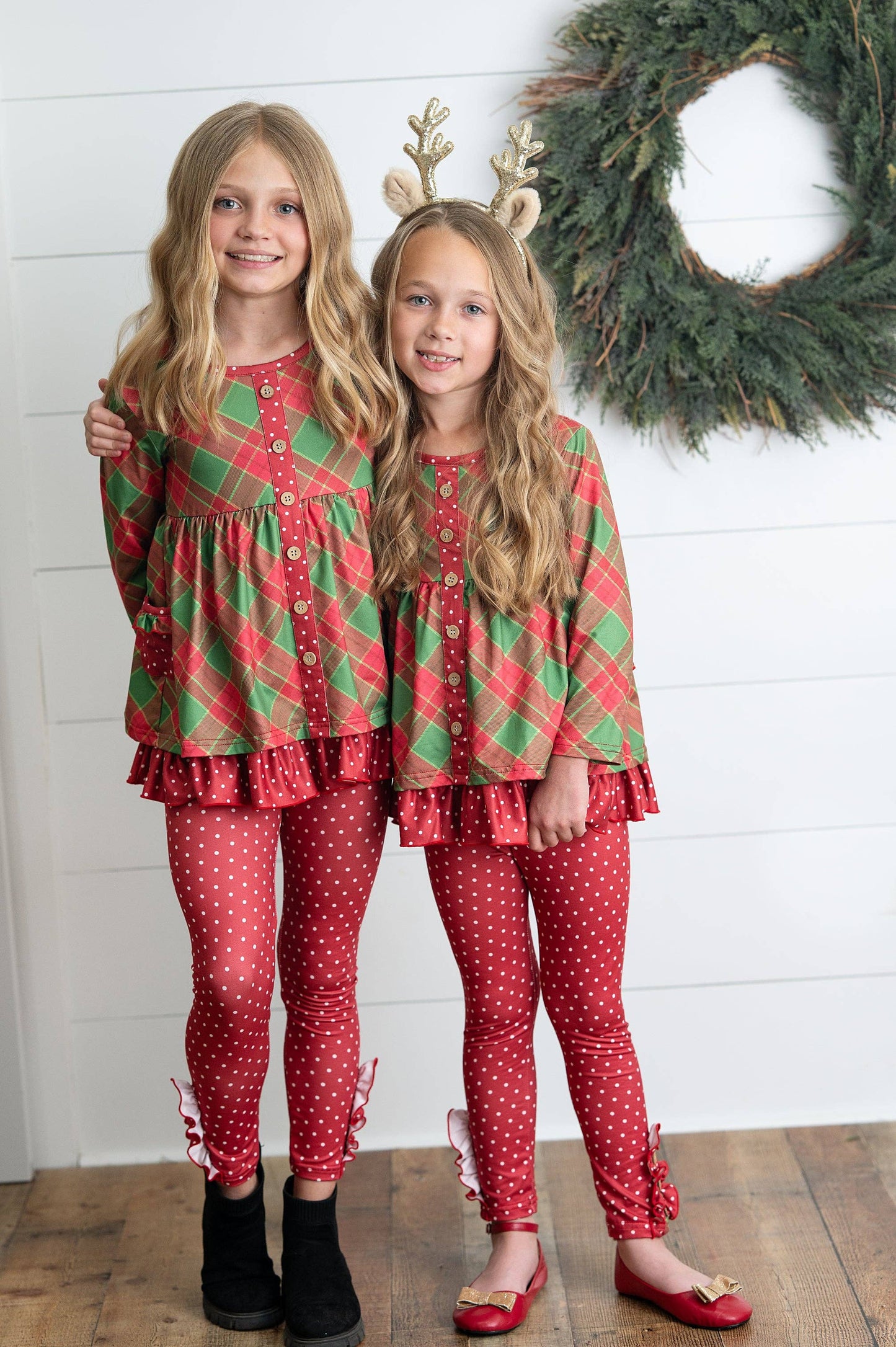 Kids Holiday Plaid & Polka Dot Pocket Ruffle Button Pant Set