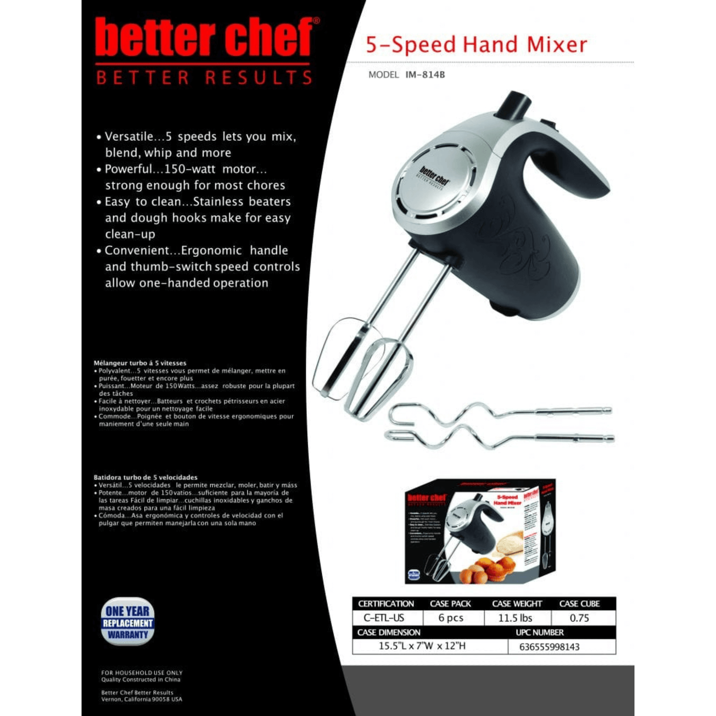Better Chef 5-Speed 150W Hand Mixer with Storage Clip